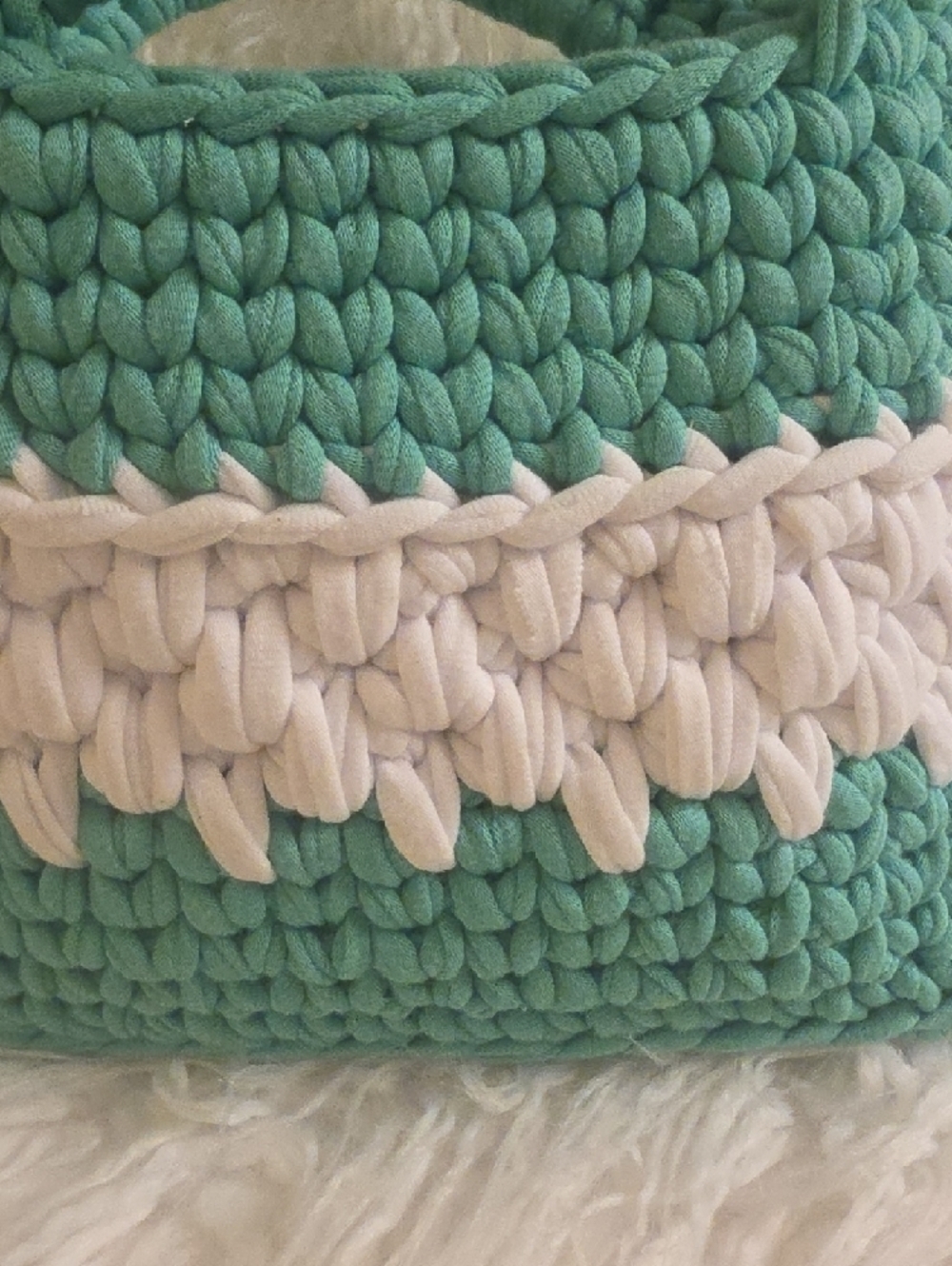 Handwoven Teal and Cream Mini Crochet Bag 11× 8.5  From the Handle to the Bottom - Picture 3 of 11